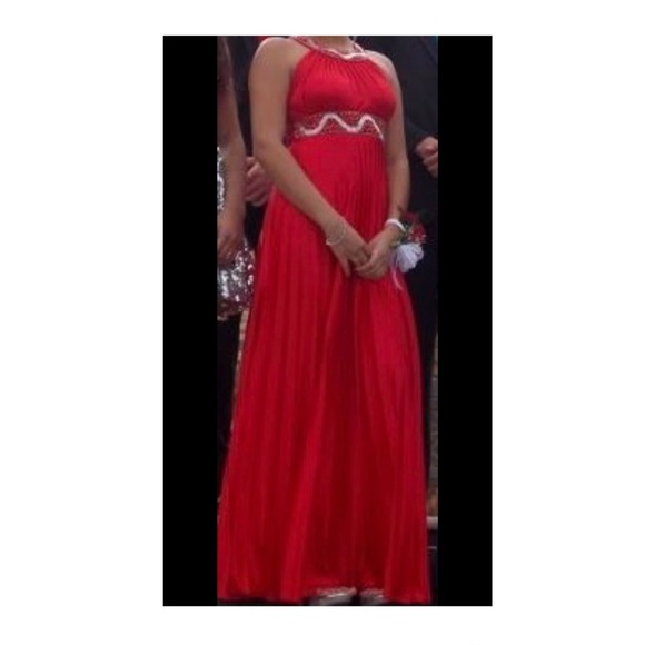 Halter Red Satin Prom Dress w/ Clear & Red beading - Picture 2 of 5
